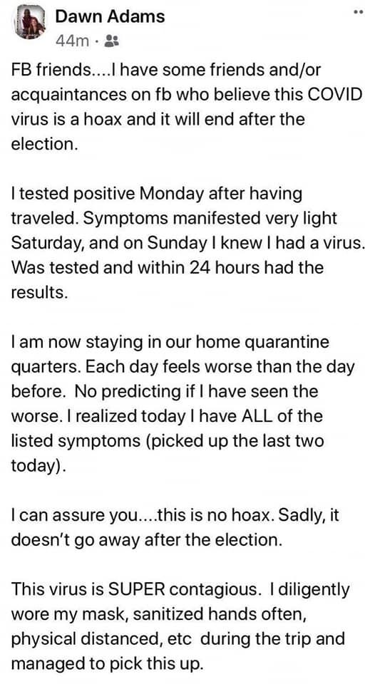 Dawn Adams Facebook post on COVID-19 diagnosis